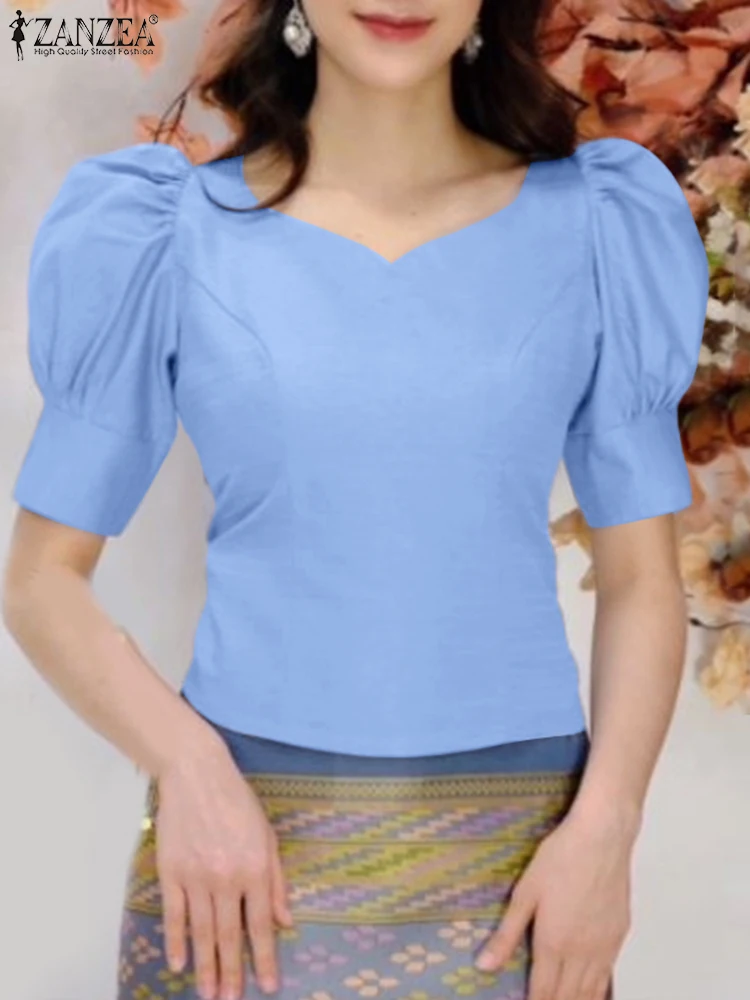 ZANZEA Elegant Women's Slim Fit Short Blouses Romantic Heart-Shaped Neckline Short Puff Sleeve Side Zipper Solid Color Tops 3XL