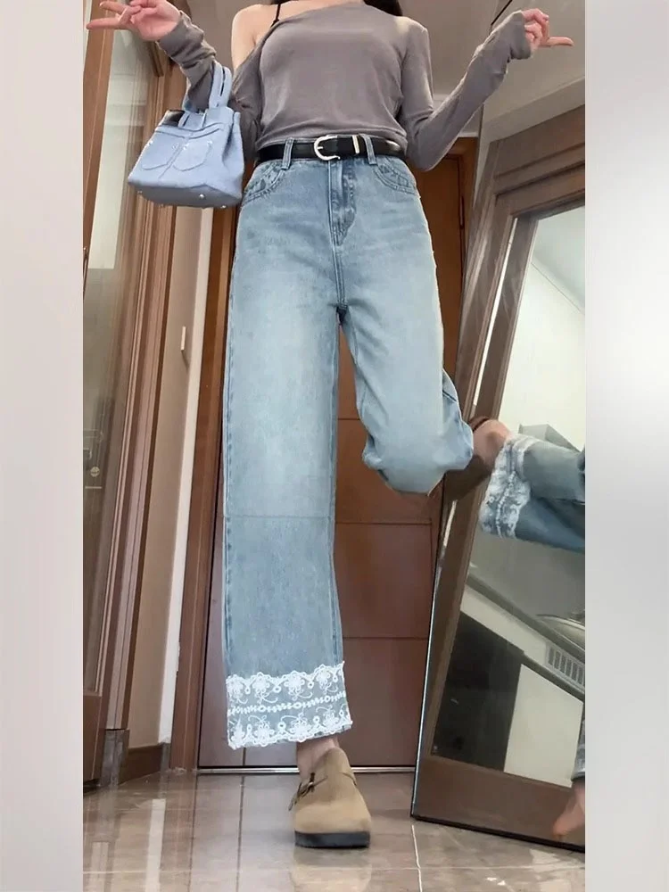 Pantalones vaqueros de pierna recta con empalme de encaje de talla grande para mujer, pantalones de pierna ancha adelgazantes de cintura alta, ropa de verano, tela vaquera resistente