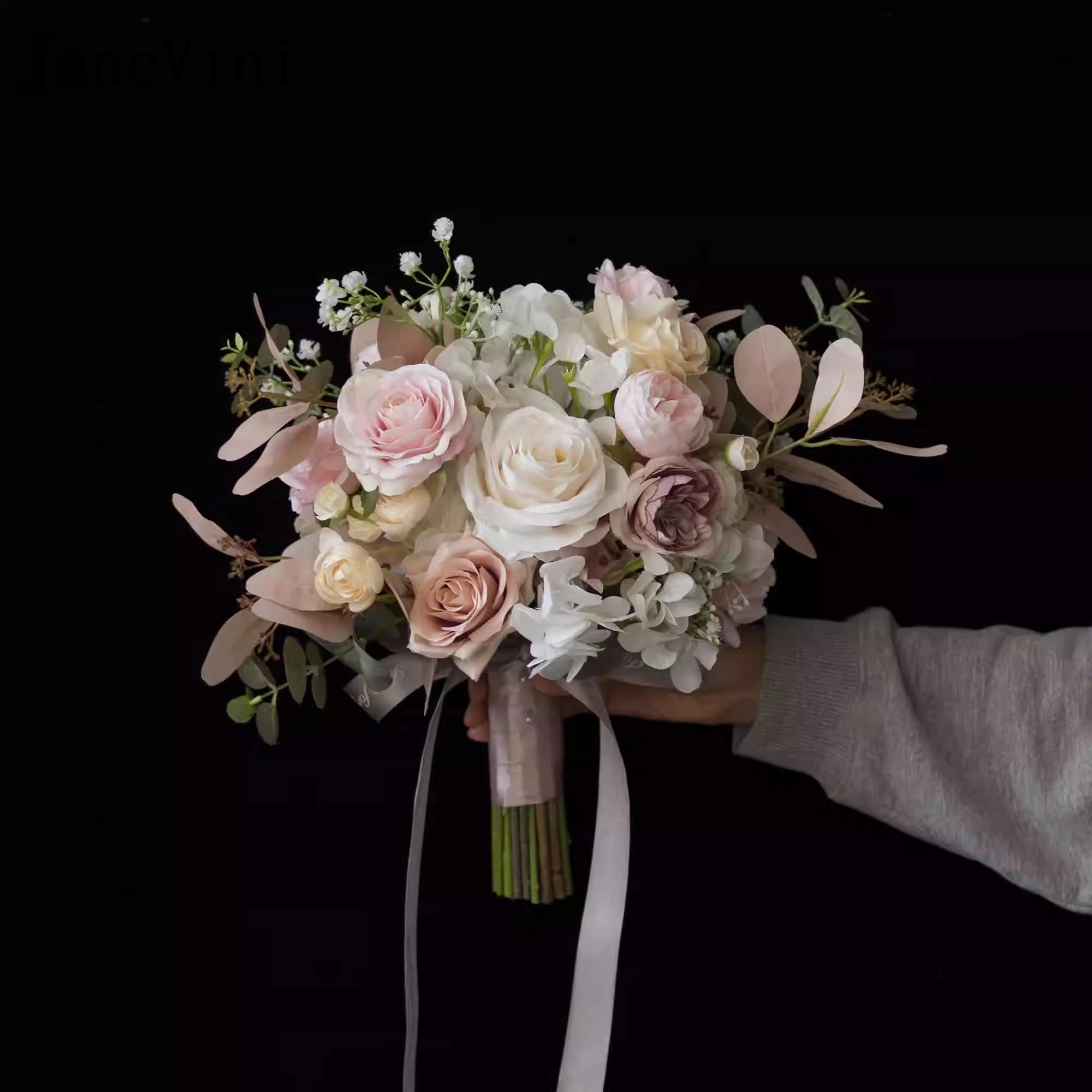

JaneVini European Style Pink Roses Bridal Hand Bouquet Artificial Fake Wedding Bouquets Vintage Holding Flowers Bruidspaar 2026