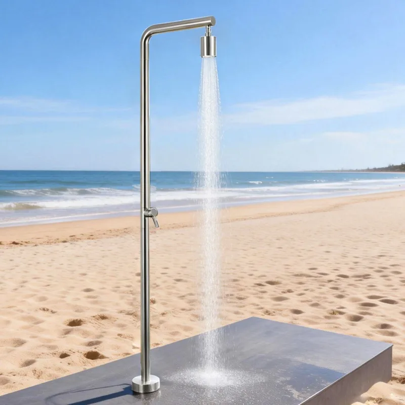 Stainless Steel Vertical Outdoor Shower with Cold Hot Water Dual Control Handheld Head for Garden Courtyard Beach Side