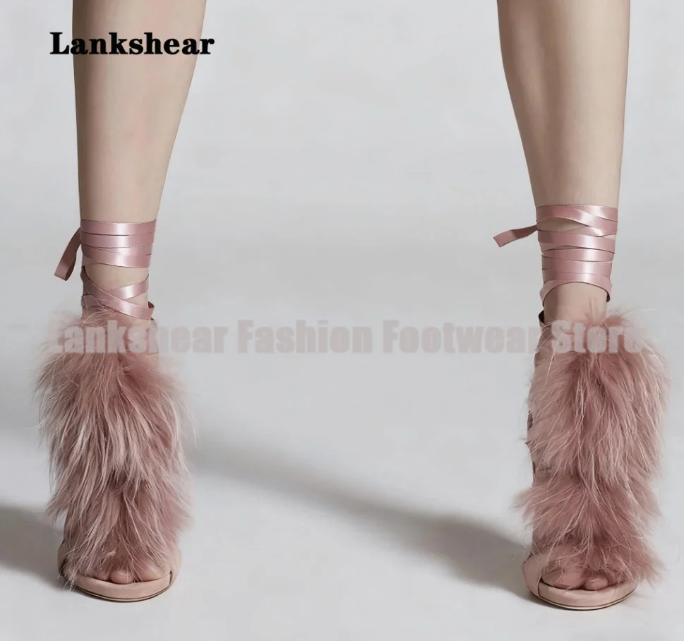 Sandal Hak Tinggi Stiletto Bulu Suede Merah Muda Tali Silang Pita Sepatu Wanita Musim Panas Elegan Sepatu Pesta Sandalias De Mujer Verano