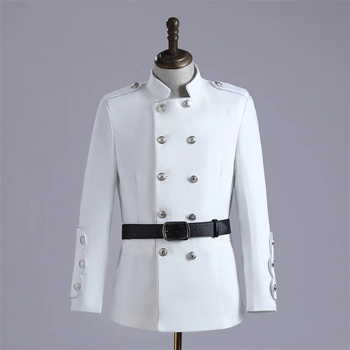 

2025 Men's casual double-breasted, button-up collar, casual blazer host singer performance, belt banquet, stage blazer