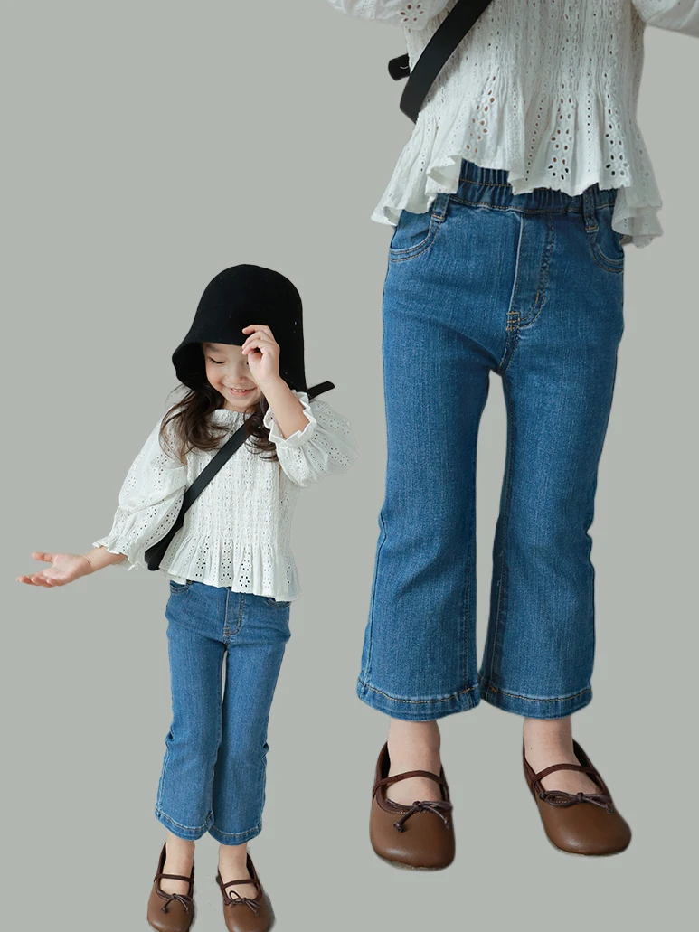 

Girls Flare Jeans Elastic High Waist Fitted Denim Pants 1-9 Years Stylish Basic Ankle Length Leggings Kids Bell Bottom Trousers