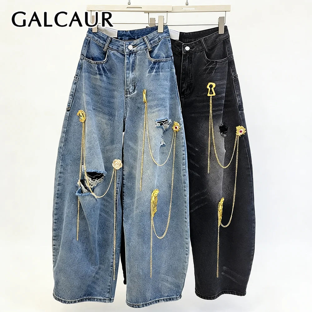 

Джинсы GALCAUR с контрастными вставками и карманами, повседневные, с высокой талией, пэчворк, с бахромой и вырезами, женские, модные, новый стиль