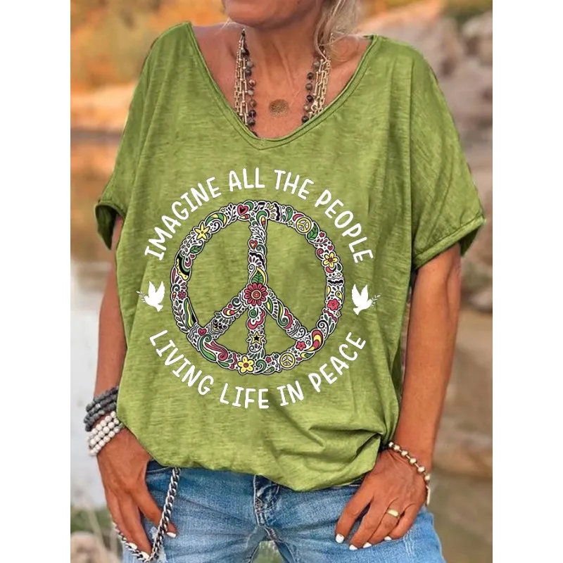 ilstile Women's Living Life in Peace Print T-Shirts Summer Beach Short Sleeve T Shirt Casual Loose V Neck Tops Tees New Arrival