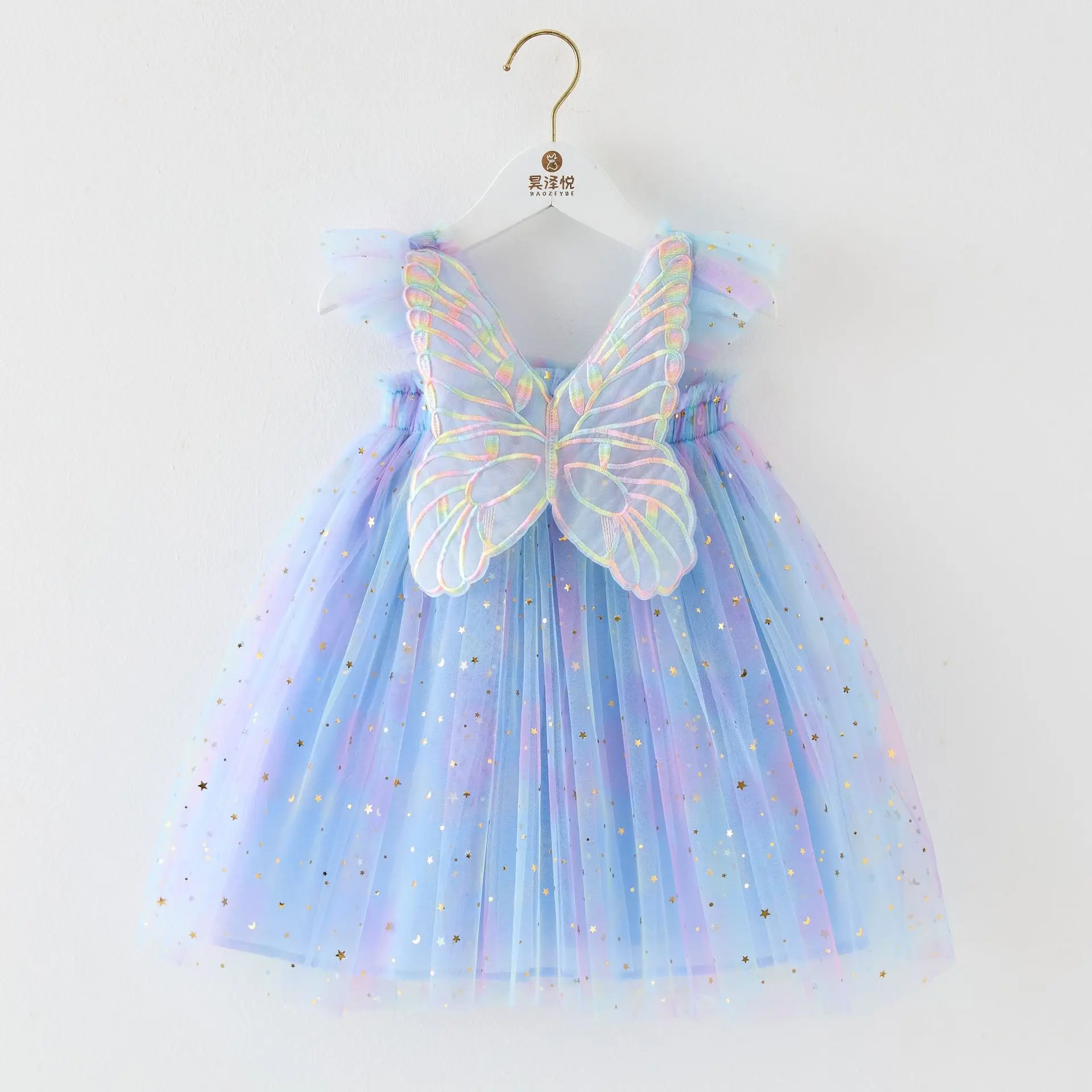 2026 Toddler Kids Baby Girl Tulle Dress Flying Sleeves Sequin Star Dresses for Girls Princess Butterfly Wing Party Sweet Clothes
