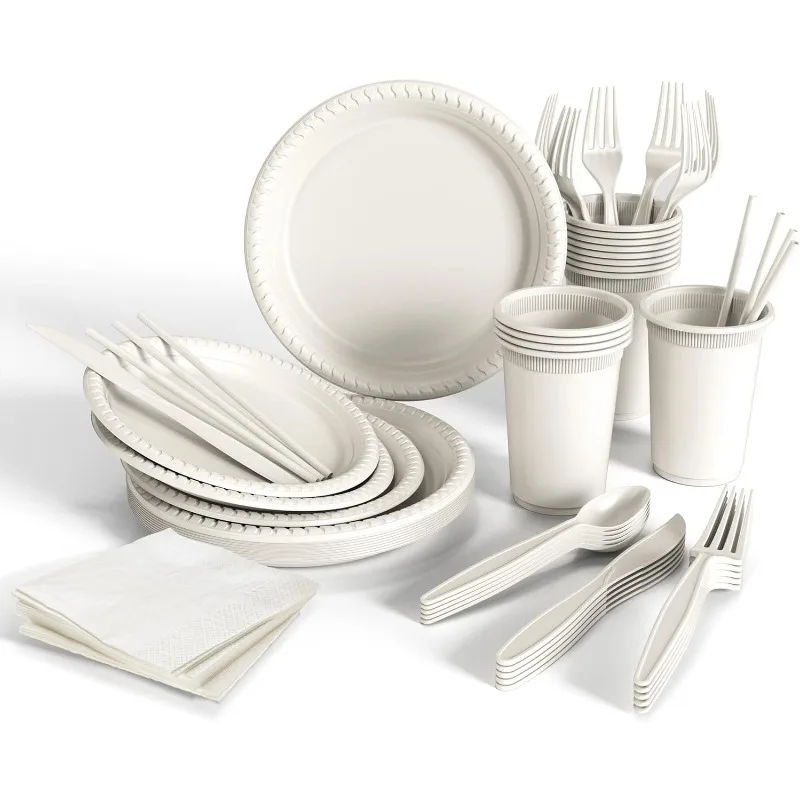 

400 Pcs Eco Friendly Biodegradable Plates, Utensils, Cups, and Napkins - Heavy Duty Compostable Paper Plates