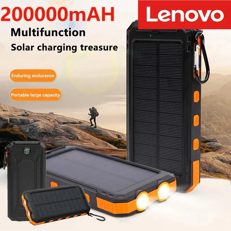 Lenovo 200000mAh Solar Powerbank Outdoor Camping Portable Charger Powerbank Waterproof Fast Charge Highcapacity External Battery