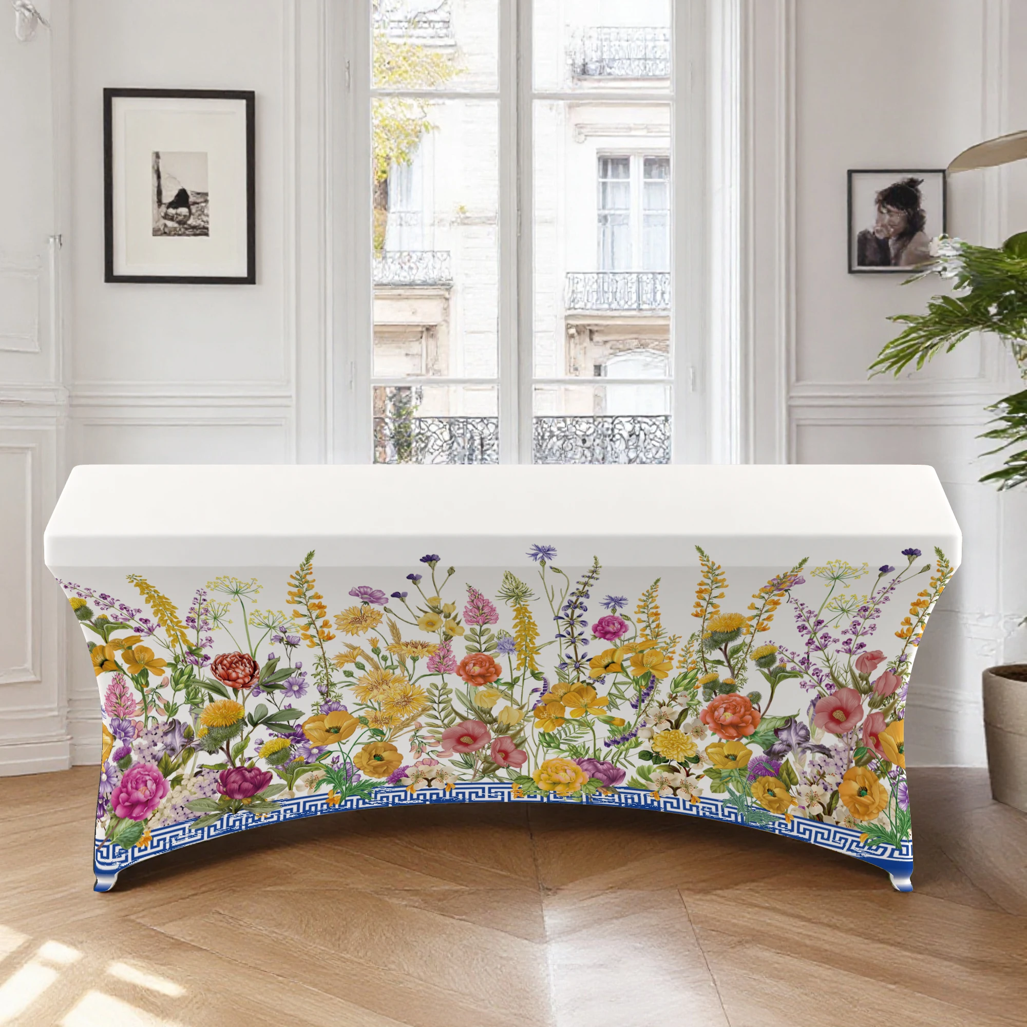 1pc All-inclusive tablecloth,Boho Floral Border Print Fitted Tablecloth,Suitable for kitchen parties