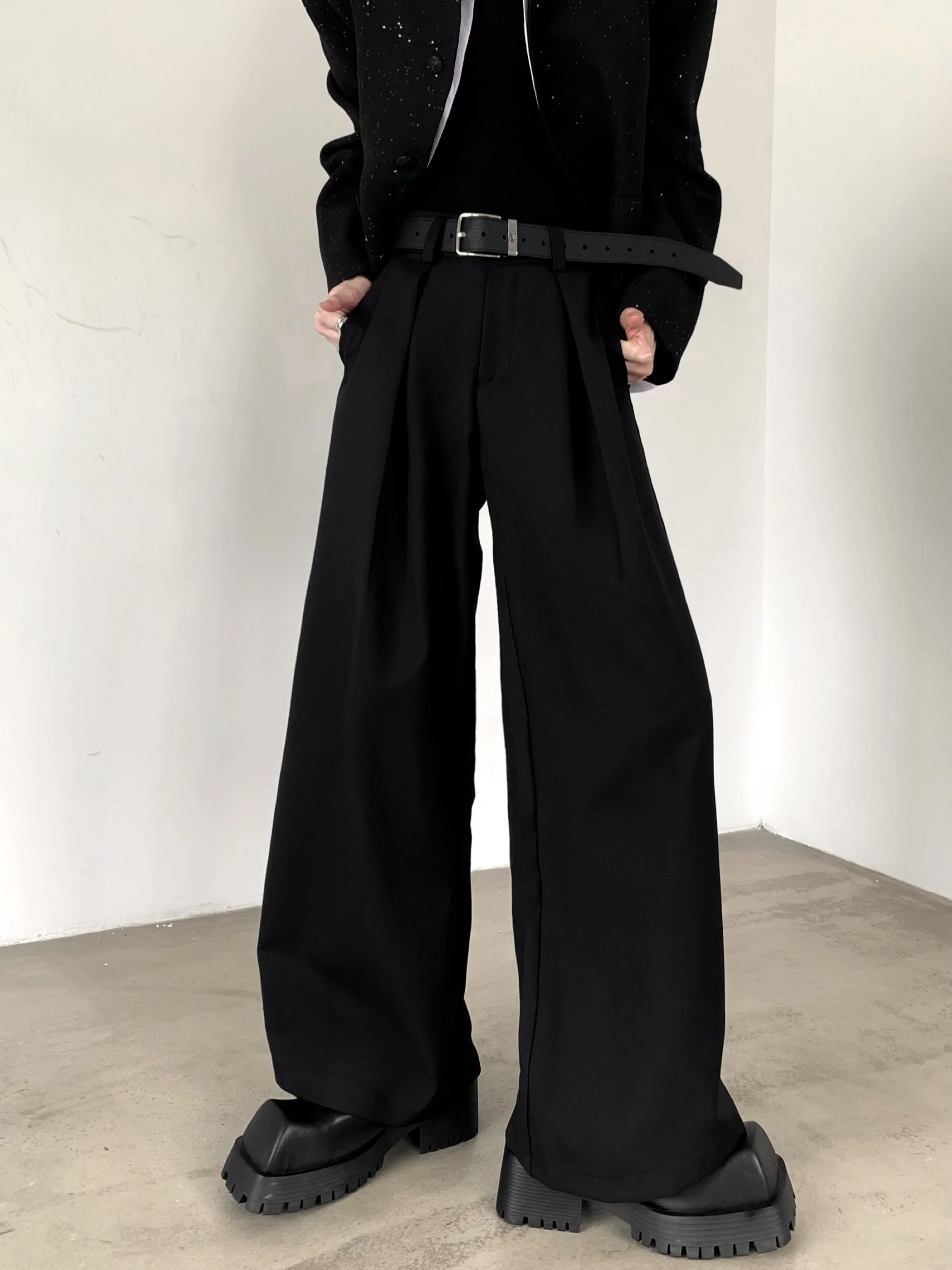 

Cleanfit Men's Wide Leg Black Pants Double Pleat Drapey Loose Straight Korean Style Autumn Mountain Wind Casual Youth Popular