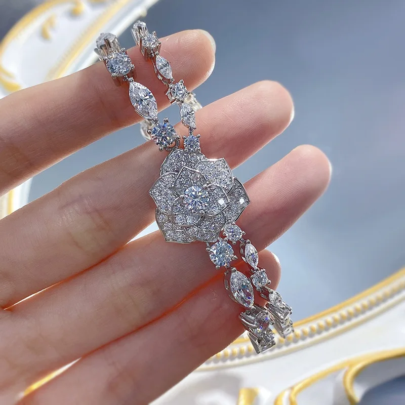 S925 Silver Camellia Flower Carbon Diamond Charm Bracelet Double Chain Design Jewelry White Gold Plated Flower Bracelet Bangles