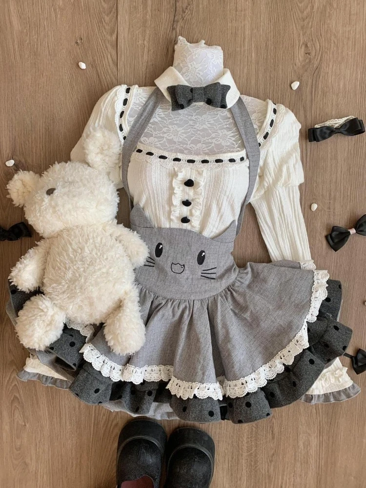 ชุดกระโปรงน่ารักสไตล์คาวาอี้สำหรับฤดูใบไม้ร่วงและฤดูหนาว ผู้หญิง ลายจุด ผ้าคลุมไหล่ + เสื้อเซ็กซี่แบบสาวฮอต + กระโปรงมินิเค้กน่ารักสไตล์ Y2k ชุด 3 ชิ้น ใหม่