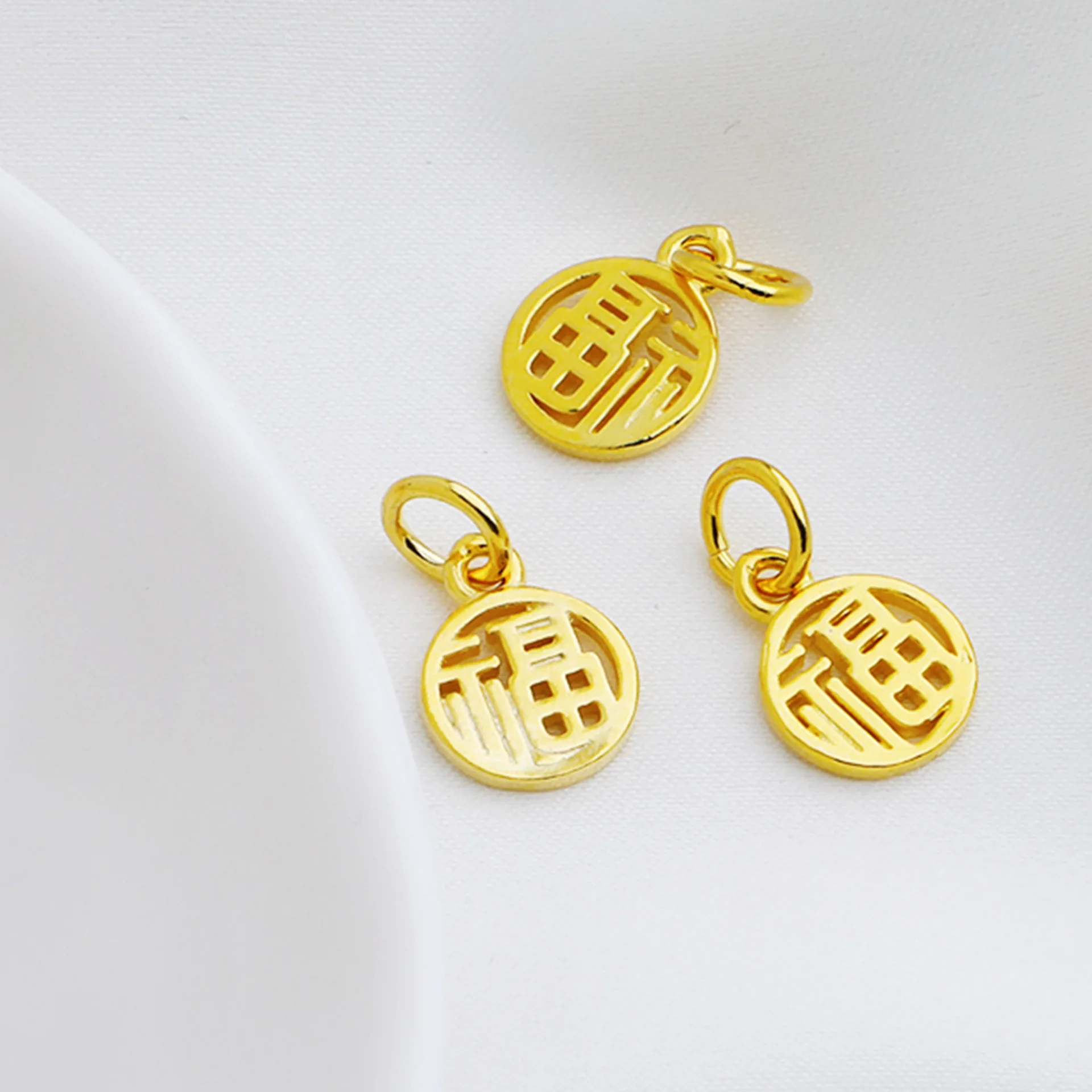 1pc 925 Sterling Silver Hollow Chinese Good Luck Round Charms 11.5x9mm Gold Color Lucky Pendants For Women Men DIY Jewelry Craft