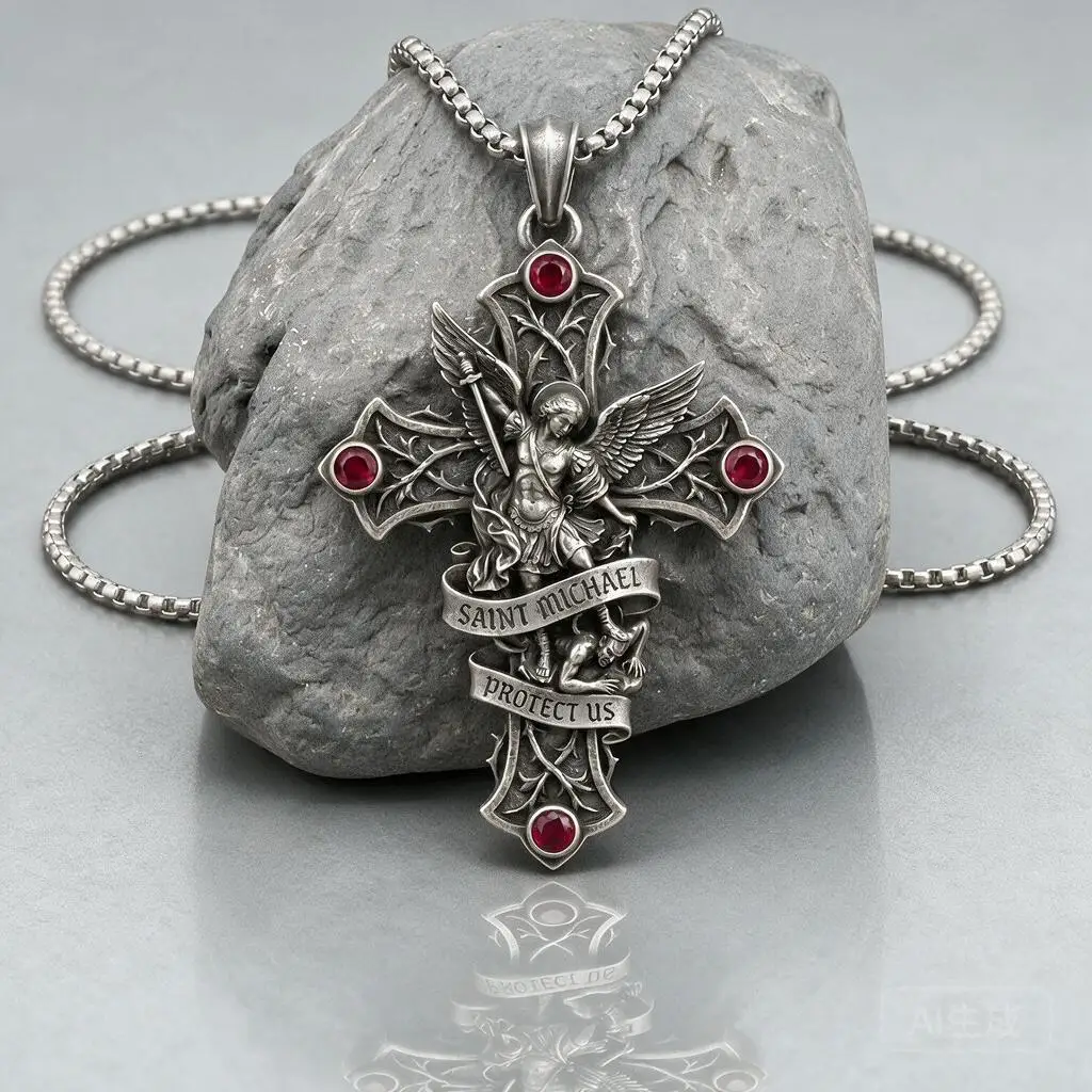 Vintage Punk Saint Michael Angel Cross Pendant Necklace Red Rhinestone Inlaid Gothic Street Trendy Hip Hop Chain Jewelry For Men