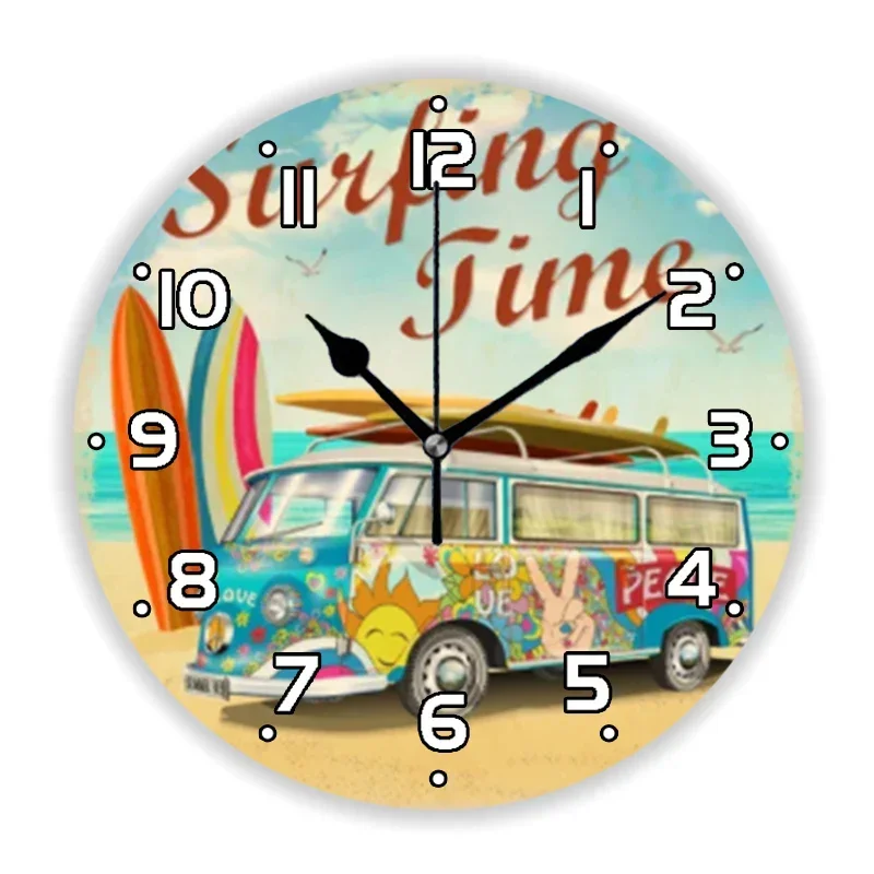 Vintage Summer Holiday Bus Camper Van Wall Clock for Living Room Kitchen Retro Car Surfing Beach Large  Watch Home Decor 35