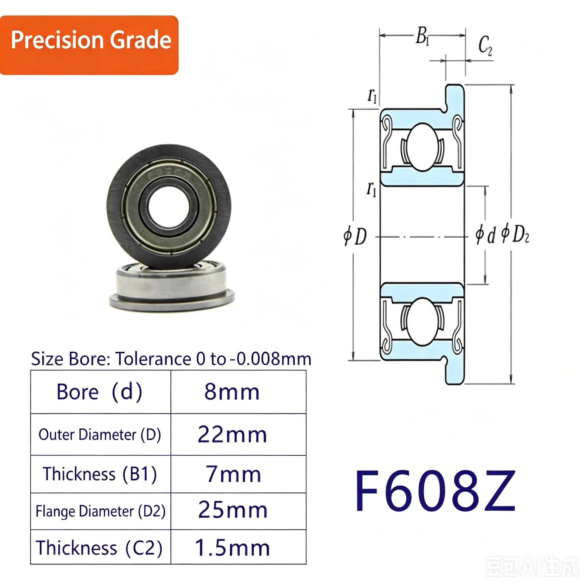High-speed flange bearing, model F608z,8*22*7, precision grade.