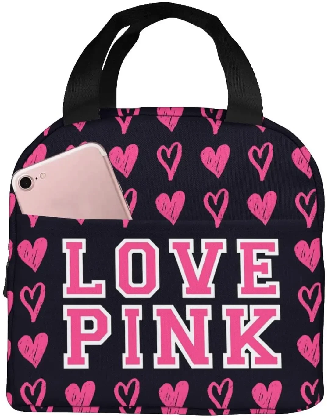 Love Pink Women Insulated Lunch Bag Strawberry Milk Reusable Cooler Lunch Tote Box, Boys Girls Cute Container Lunch Portable Bag