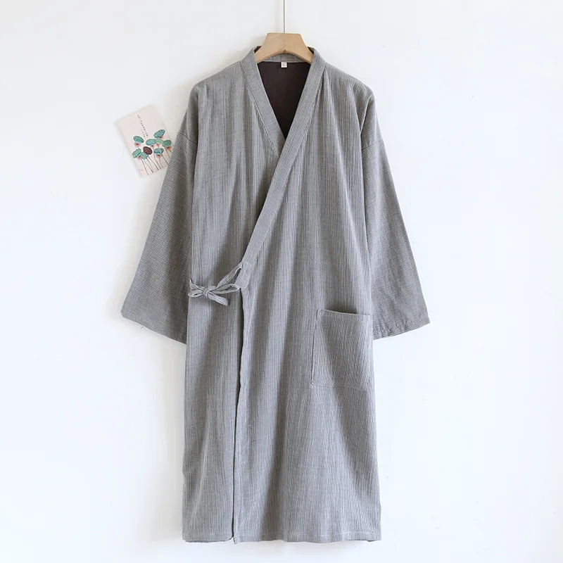 

Kimono robe Men Pajamas Long sleeve plaid spring summer thin cotton 100% yarn-dyed large size 100 kg Men's bathrobe sweat suit