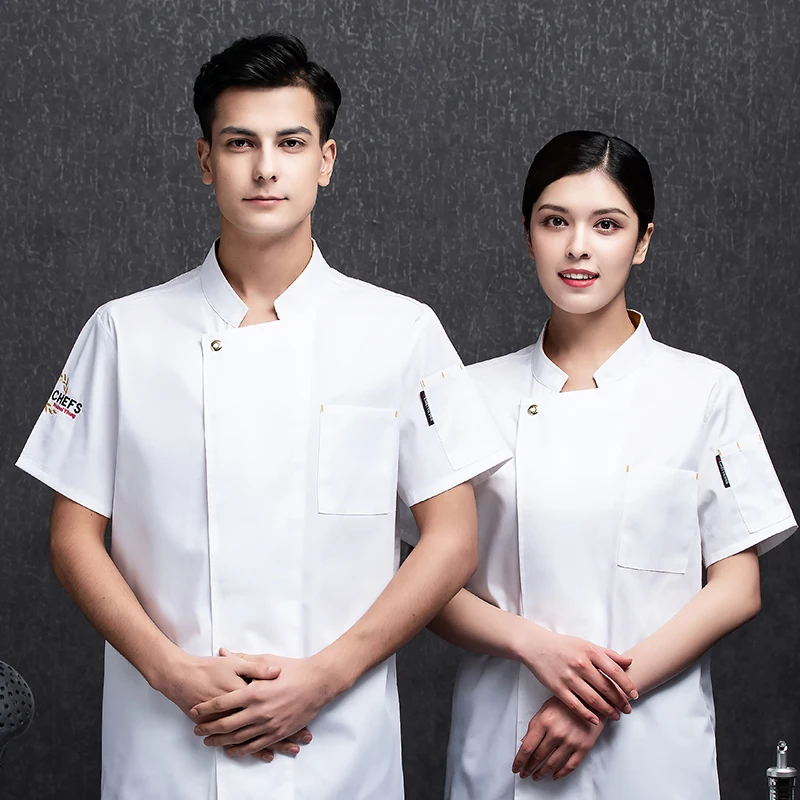 Mens Chef Shirt Uniform Korte Mouw Werk Jasjelaag Hotel Restaurant Keuken Stand Kraag Kok Food Service Kleding Print Logo