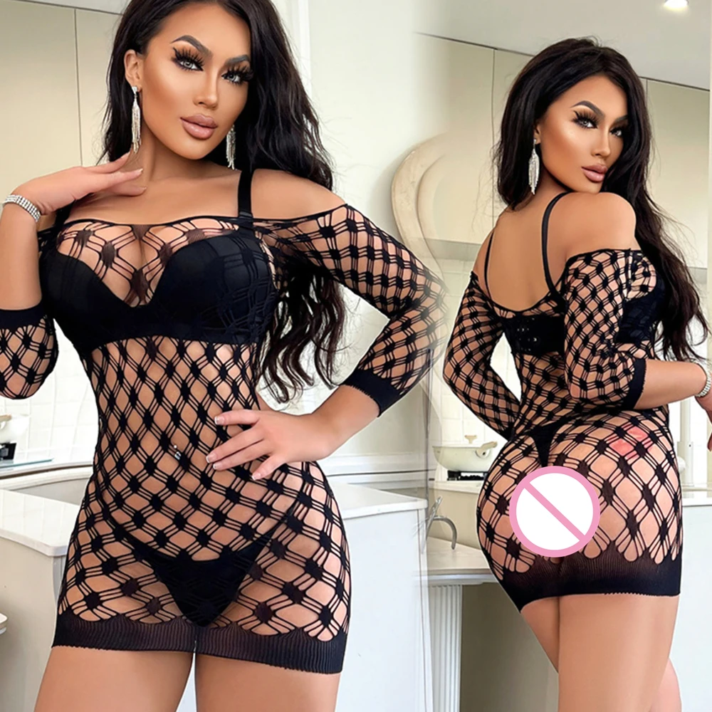 

Women's One-Piece Fishing Net Tight Lingerie Clothes Erotic Mesh Transparent Mini Bodycon Beach Dress Ladies Sexy Short Skirt