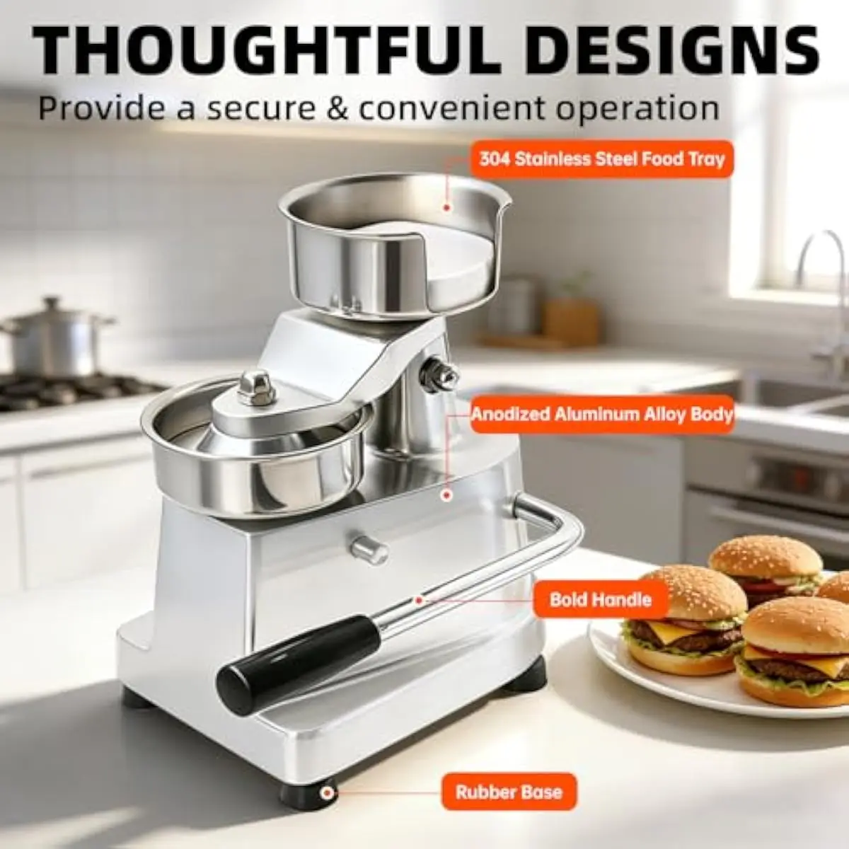 Commercial Lever-Actuated Hamburger Patty Press with 100mm Mold and Adjustable 50g–150g Portion Control • Food-Grade SUS304 Bowl