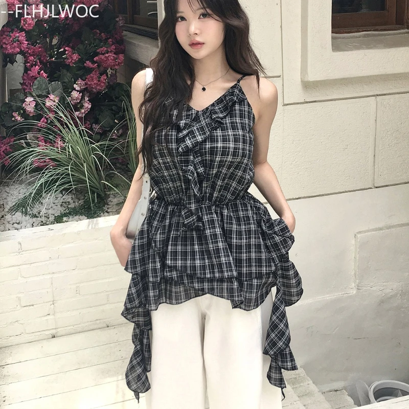 Irregular Sleeveless Peplum Tops Cute Sweet Japan Girls Retro Vintage Ruffles Plaid Shirts Slim Waist Chic Y2K Design Blouses