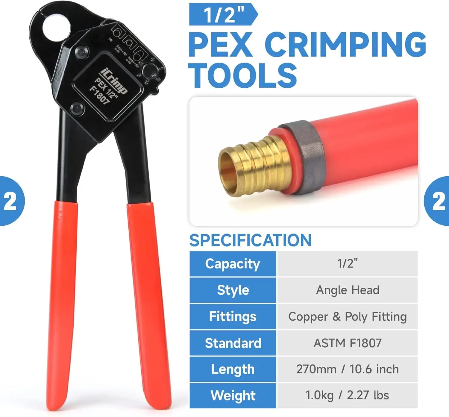 Professional PEX Crimping Tool Kit with Cutter & Ring Remover for 1/2'' & 3/4'' Copper Rings, Meets ASTM F1807 Standard