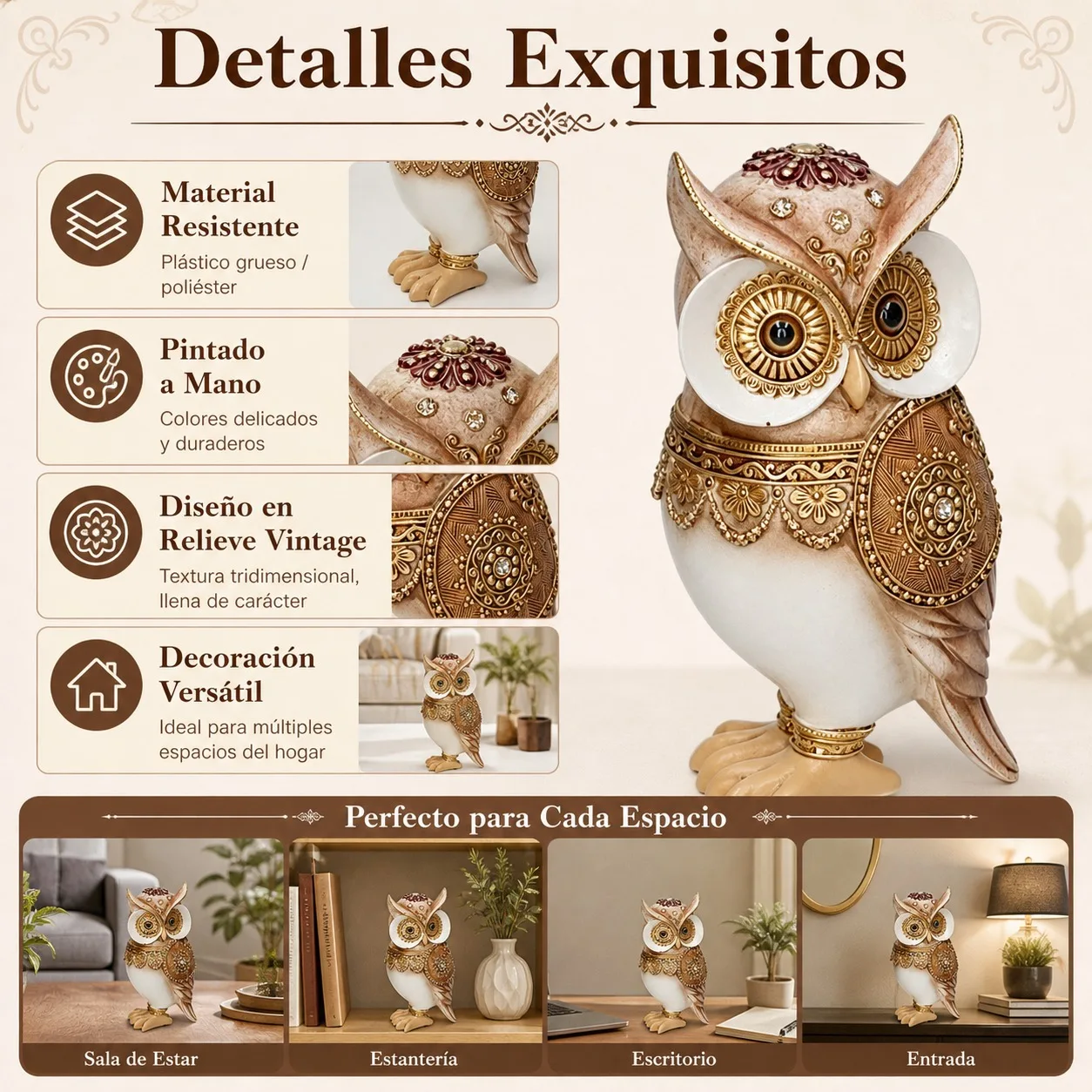 Figurine d'hibou décorative de style vintage de 22 cm, statue en résine et polyester peinte à la main pour salon, bureau et étagères