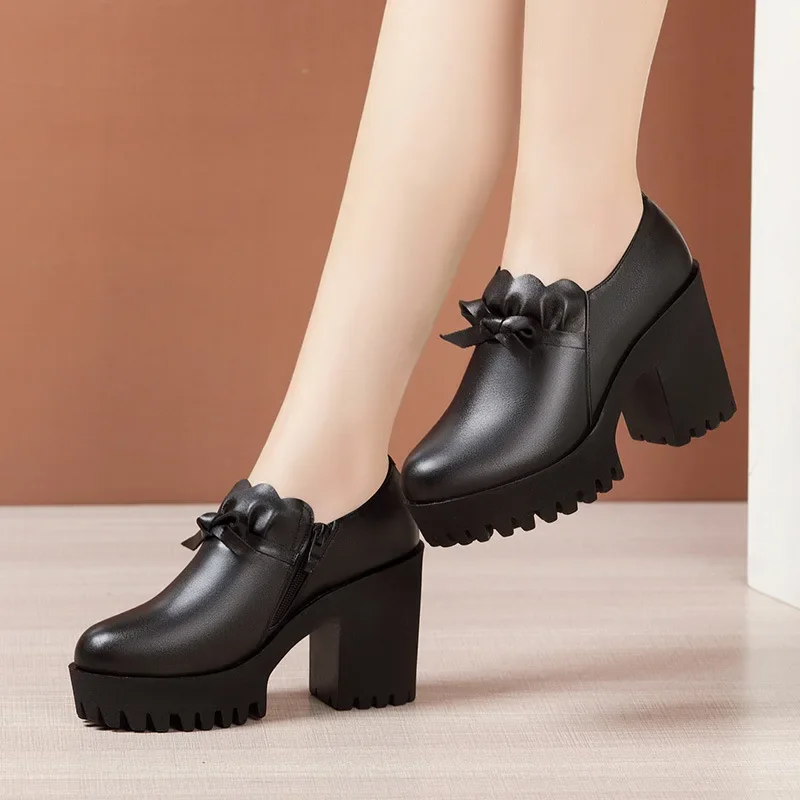 8cm 10cm Small Size 32-43 Deep Mouth Black Genuine Leather Shoes Women Platform Pumps 2024 Fall Block High Heels Shoes with Fur