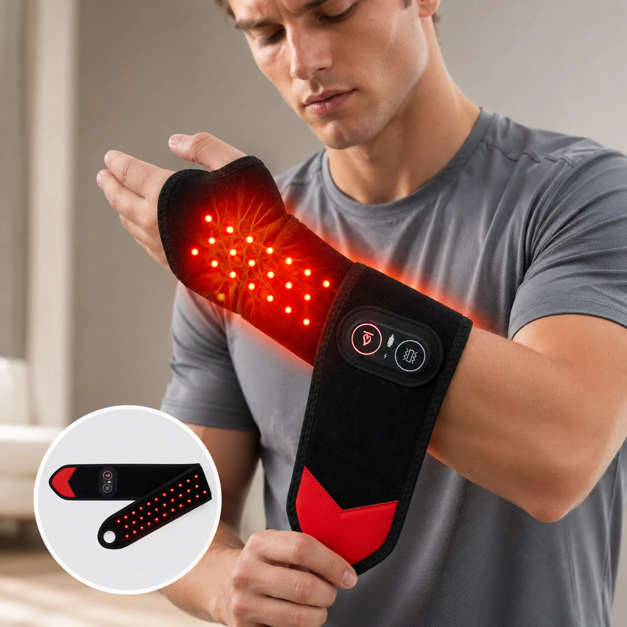 Rechargeable Wrist Heating Pad Red Light Massage Device Hand Warmer 3 Heat Levels 3 Vibration Modes Adjustable Wrist Wrap