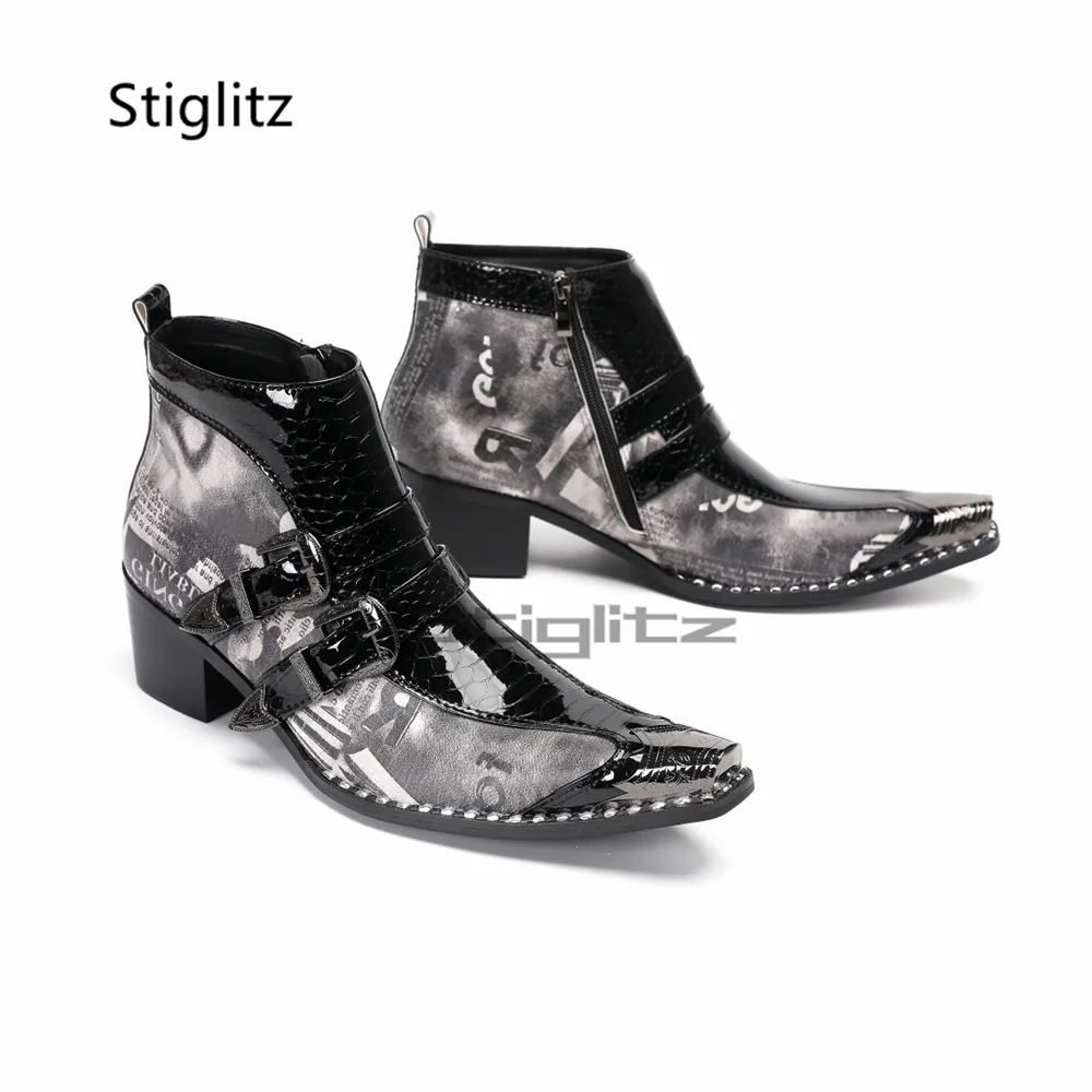 Patchwork Prints High Heels Chelsea Boots for Men Double Buckle Genuine Leather Metal Pointed Toe Ankle Boots Business Shoes