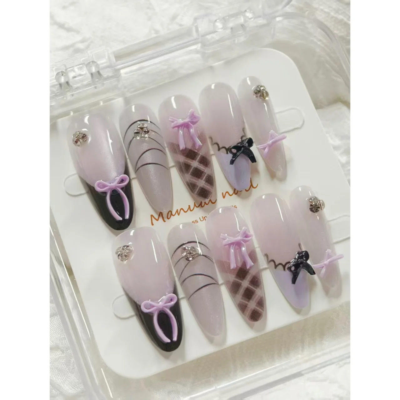 10-Piece Set of Purple-Black Sweet and Cool Lolita Plaid Bowknot Press-On Nails, Light Purple with Pure Black French Tips, Both Sweet and Cool, Full of Lolita Ballet Vibes