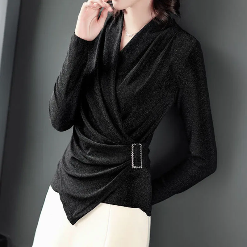 Office Lady Black Bright Silk Cross Connection V-Neck Blouse Versatile Temperament High Strecth Clothing Three Dimension Belt