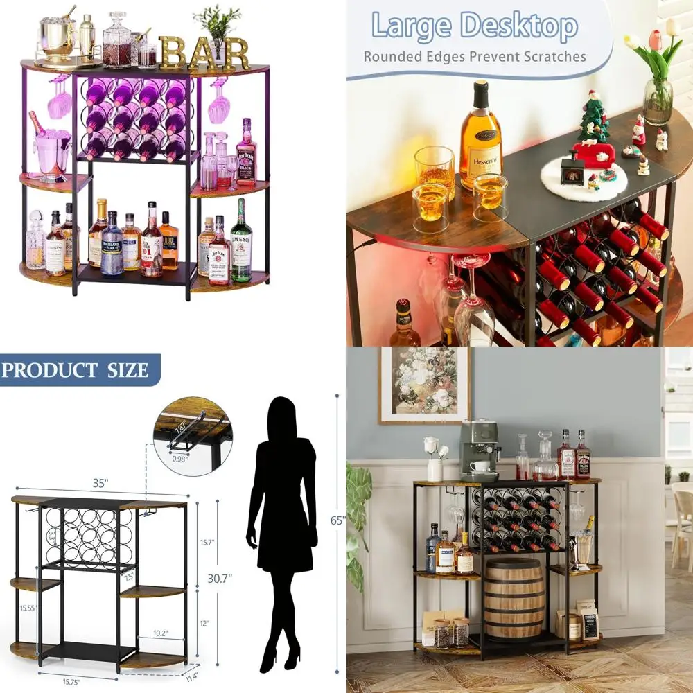 

LED-Illuminated Wine Bar Cabinet, 3-Tier Storage with Mini Rack and Glass Holder, Rustic Brown for Home, Kitchen, Dining, Living