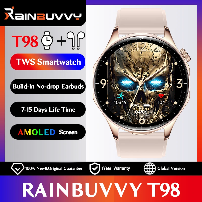 

Rainbuvvy T98 TWS Встроенные наушники-вкладыши Часы 1,43-дюймовый AMOLED-экран Беспроводные наушники Blutooth Call Calories 2 в 1 Смарт-часы
