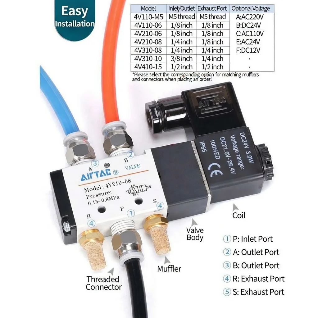 AIRTAC Original 4V210-08 Pneumatic Solenoid Valve 4V310 4V410 5 Way 2 Position 1/4