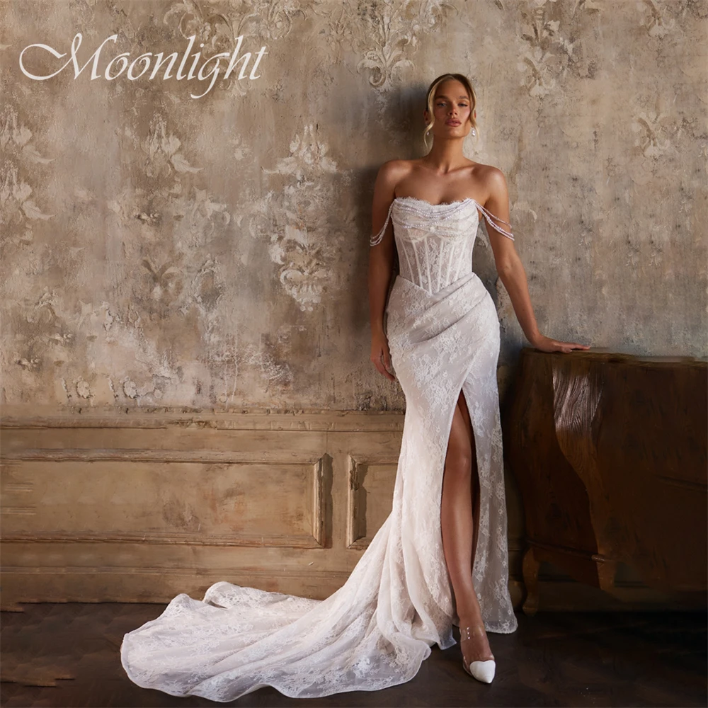 Exquisite Falte, U-Boot-Ausschnitt, Spitze, Perlen verziert, Meerjungfrau-Hochzeitskleid 2026, geteilt, schulterfrei, rückenfrei, Vestidos de Novia, individuell gestaltet