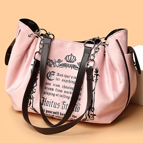 Imagen 1 del producto Bolso de mano de ante sintético con estampado de letras para mujer, bolso de mano Retro de gran capacidad para desplazamientos diarios y llevar a mano. Bolso de calabaza