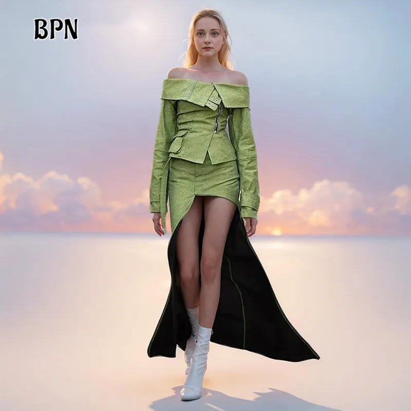 

BPN Fashion Two Piece Sets For Women Slash Neck Long Sleeve Tops High Waist Thigh Split Skirts Solid Streetwear Set Female Style