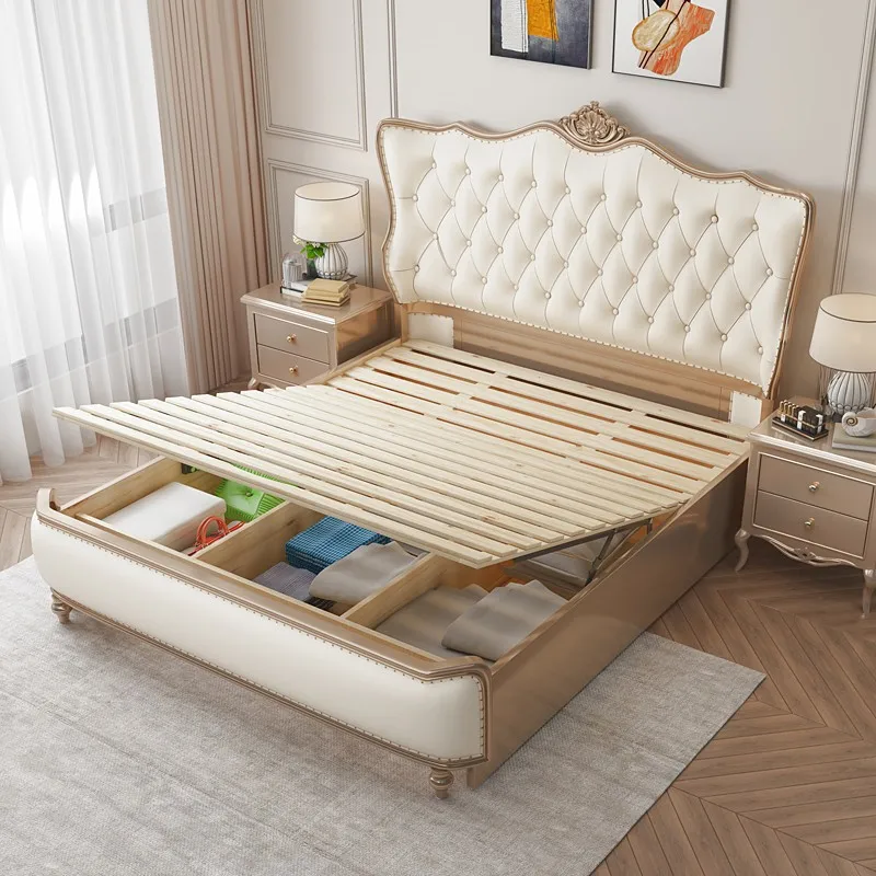 #Solid Wood Modern Luxury Storage Bed with Upholstered Comfortable Space Saving Extendable Features for Master Bedroom
