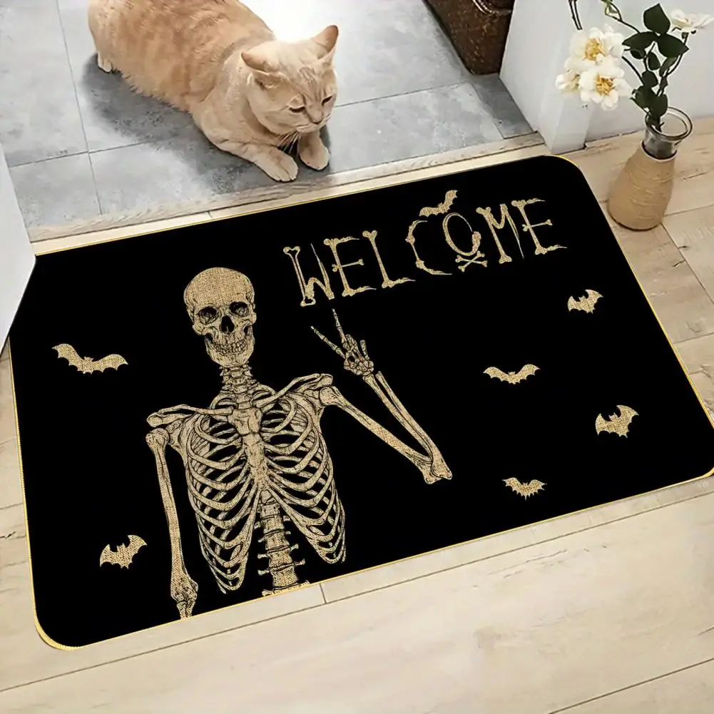 Halloween Home Accessory Skull Pattern Mat Skeleton Print Halloween Rug Super Absorbent Bathroom Floor Mat with for Halloween