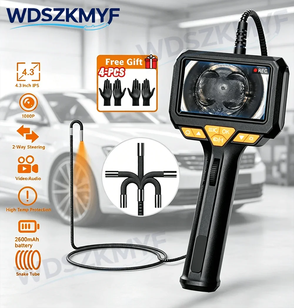 

360 Articulating Borescope 1080P 6/8mm 4.3inch IPS Monitor Industrial Inspection Camera 2 Way Articulation For Automotive pipes