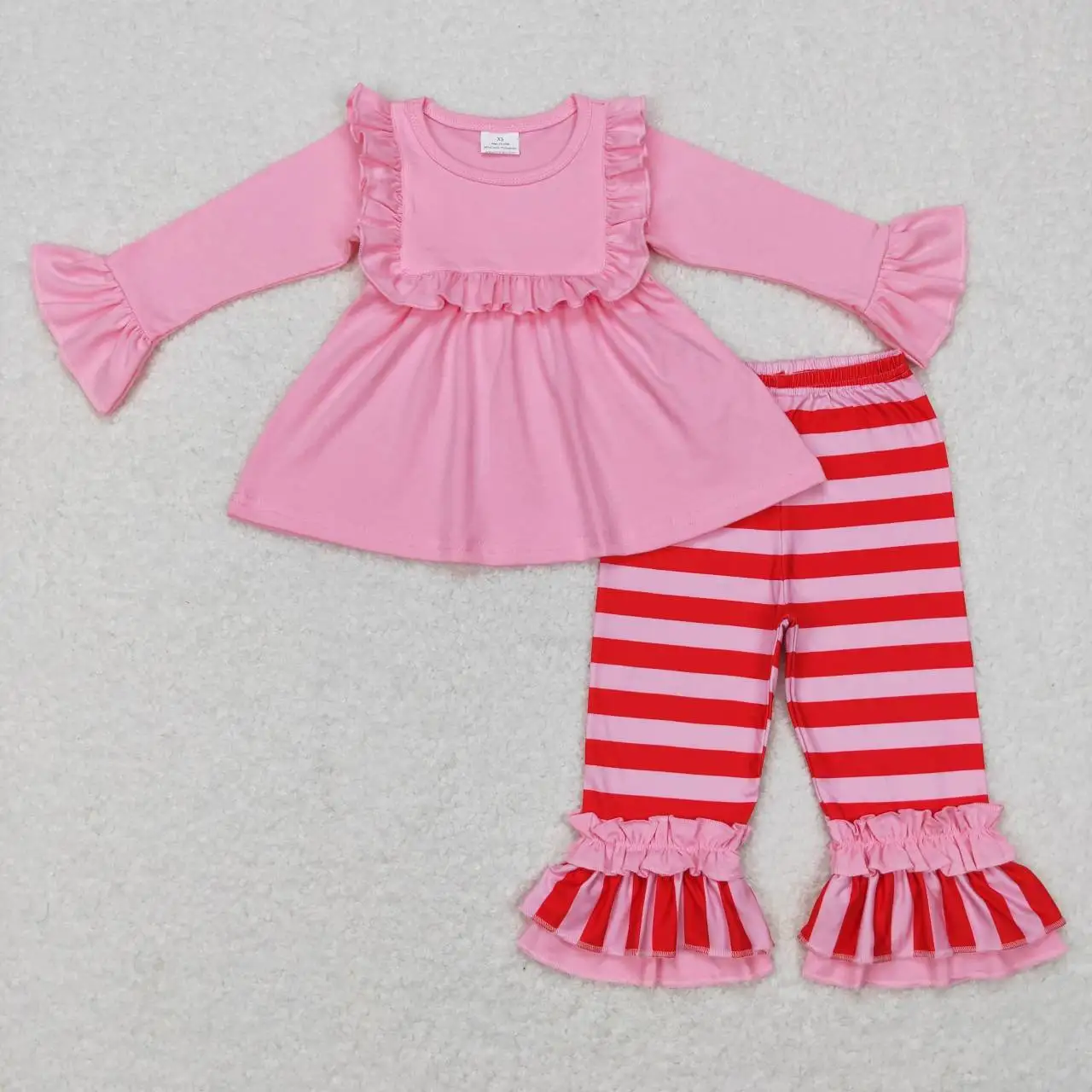 

wholesale hot sale western boutique outfits baby girls clothes Pink lace long sleeve red striped pantsuit