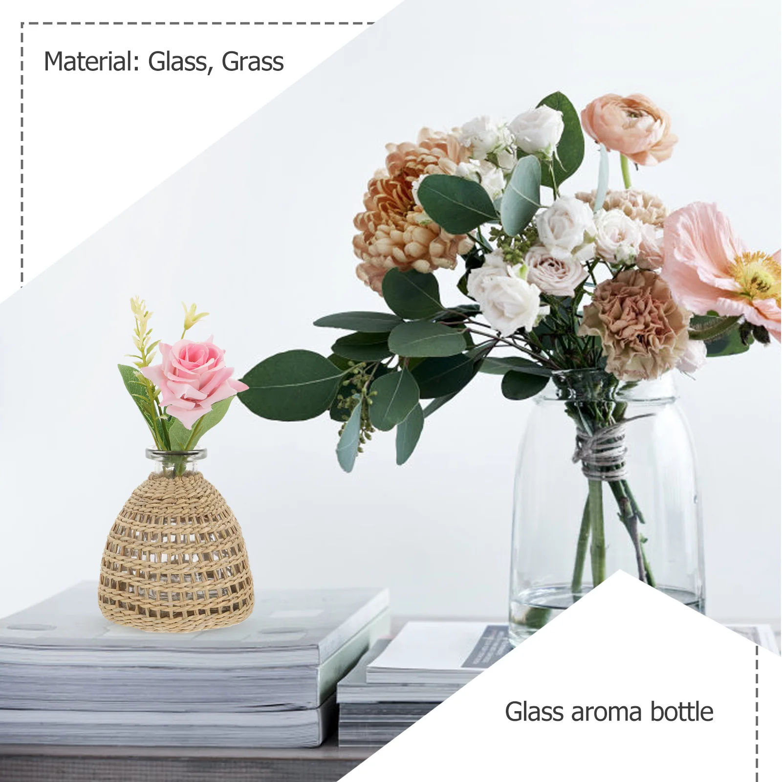 

1pc Woven Incense Bottle Ornaments Glass Vase Home Decor Dining Table Centerpiece Natural Grass Rattan Wrapped for Living