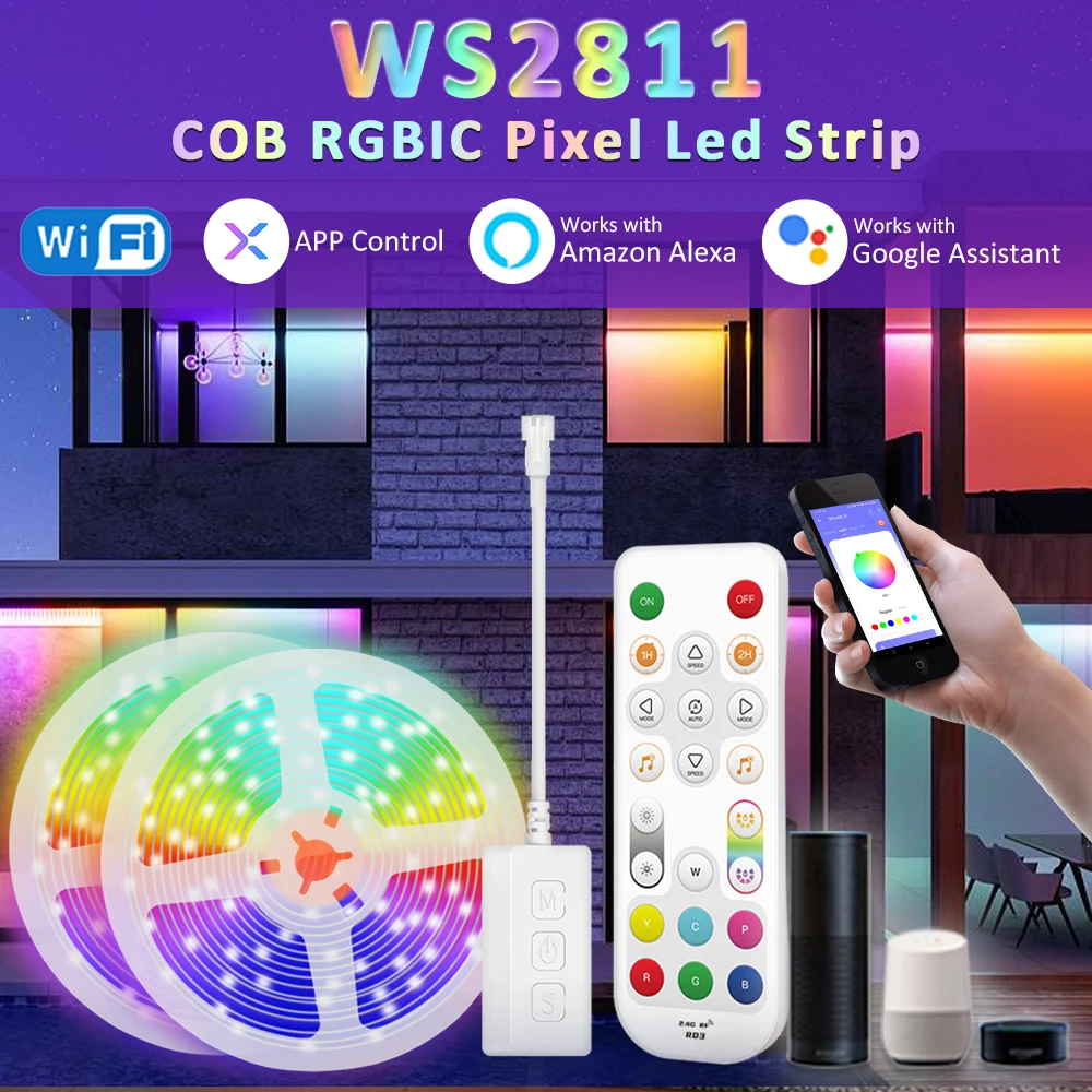 24V RGBIC COB Horse Racing LED Strip Light WS2811 Pixel Addressable RGB 5M 10M 15M 20M Flexible Ribbon WIFI APP Voice Control