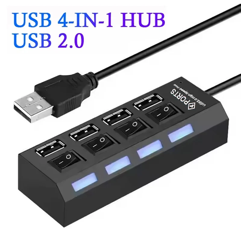 USB 2.0 Switch Extension Hub 4-Port Splitter With ON/OFF LED Indicator Multiple Expander For PC Laptop Desktop MacBook Kit Set