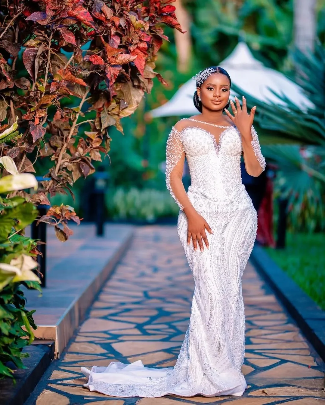 Customized Plus Size Mermaid Wedding Dress Bride Bridal Gowns Long Sleeves Sheer Long Sleeves Beaded Lace Tiered Tulle