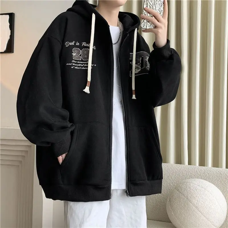 Men's Hooded Zip-Up Sweatshirt Fall/Winter New Ins HK Style Trendy Sports Fleece Thickened Cool Casual Jacket