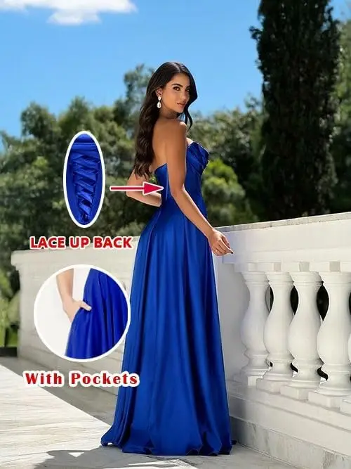 Chicbridal Women's Strapless Prom Dress Satin A-Line Long Ball Gown Sweetheart Corset Formal Dress with Pockets And Side Slit image 4