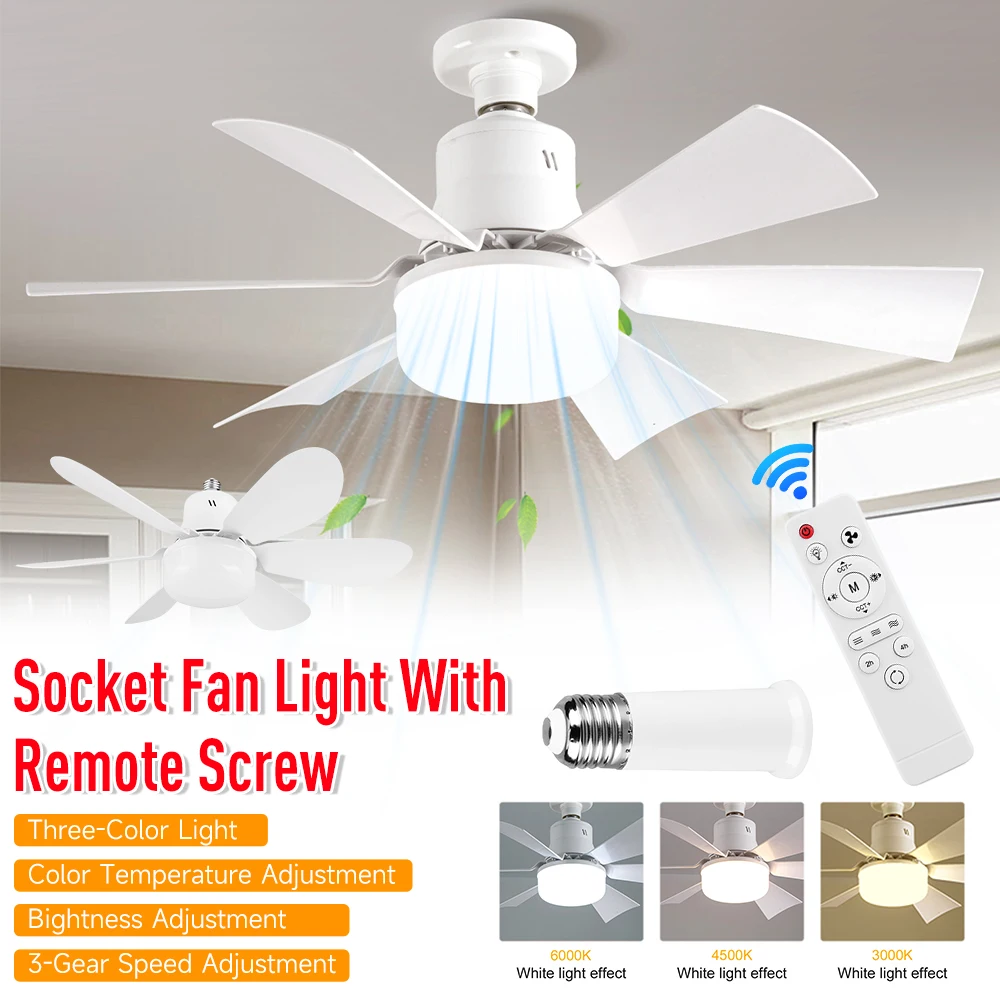 

Socket Fan Light With Remote Screw 3 Speed Dimmable Ceiling Fan With Extender & 6 Blades Bedroom Livingroom Atmosphere Fan Light